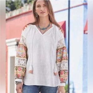 Sundance TOLANI Gabriella cotton Boho tunic heavily embroidered crochet blouse